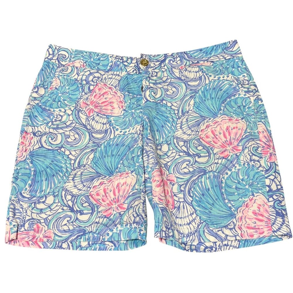 Lilly Pulitzer Womens Printed Shorts Size 14 Seashell Design Cotton Blend Blue P
